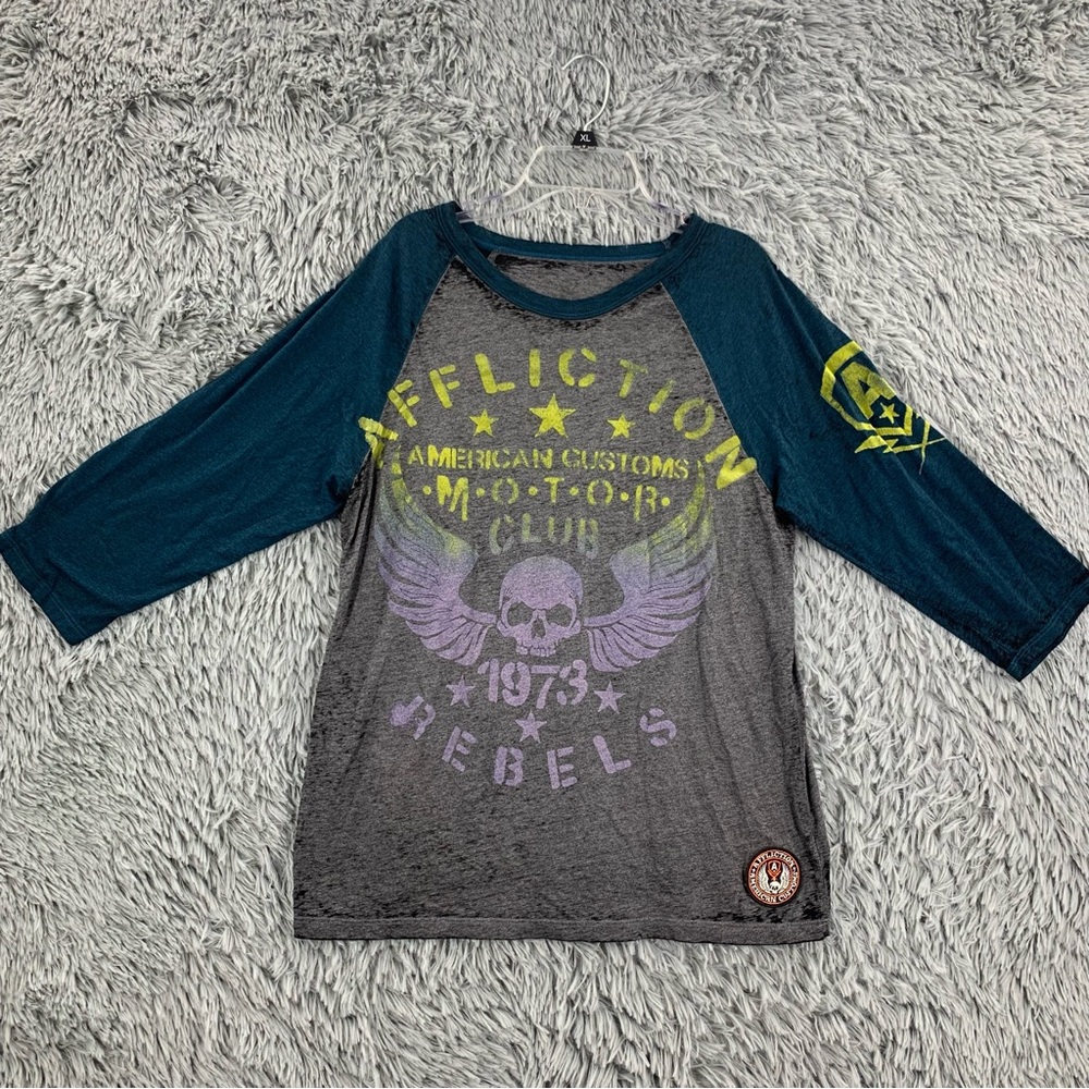 Affliction Shirt Mens Medium Baseball Tshirt Spellout Skull Flag Heathered Gray